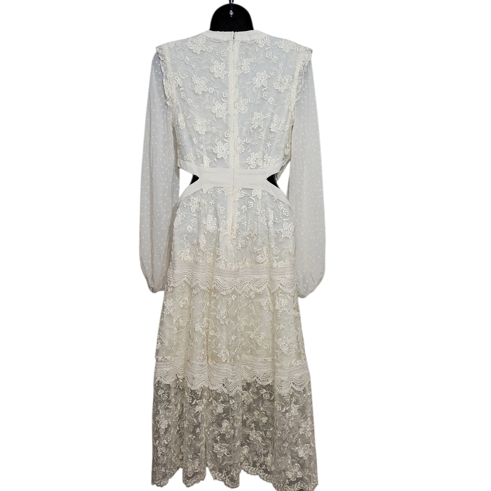 ALEXIS for Target Cream/Ivory Lace Cut Out Tiered Maxi Dress XS Long Sleeve Ruff - Picture 3 of 6